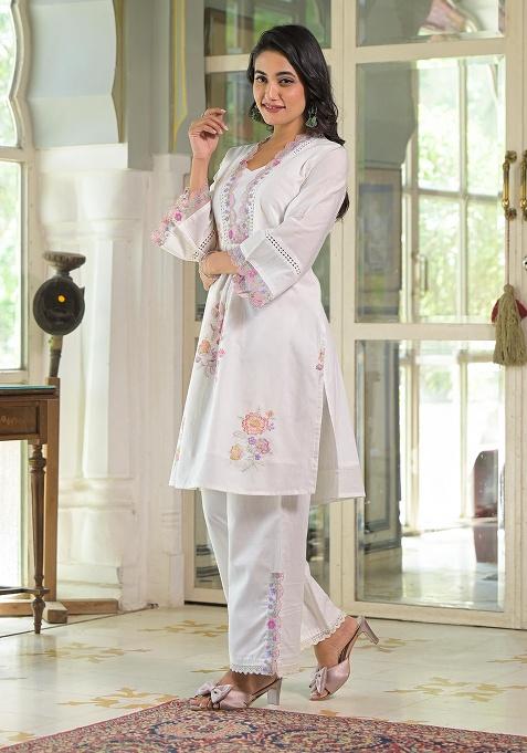 White Printed Cotton Kurta Set