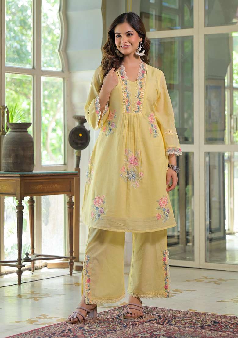 Yellow Embroidered Cotton Straight Kurta Set - Indya