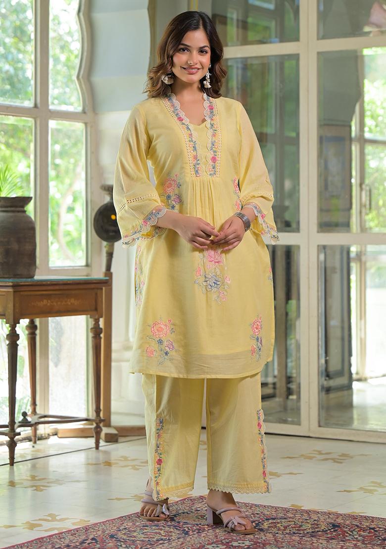 Yellow Printed Cotton Kurta Set - Indya