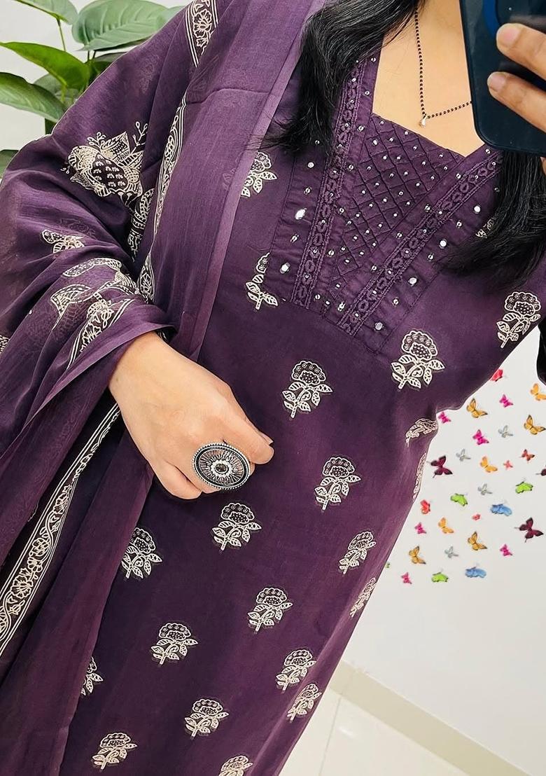 Purple Printed Cotton Kurta Set - Indya