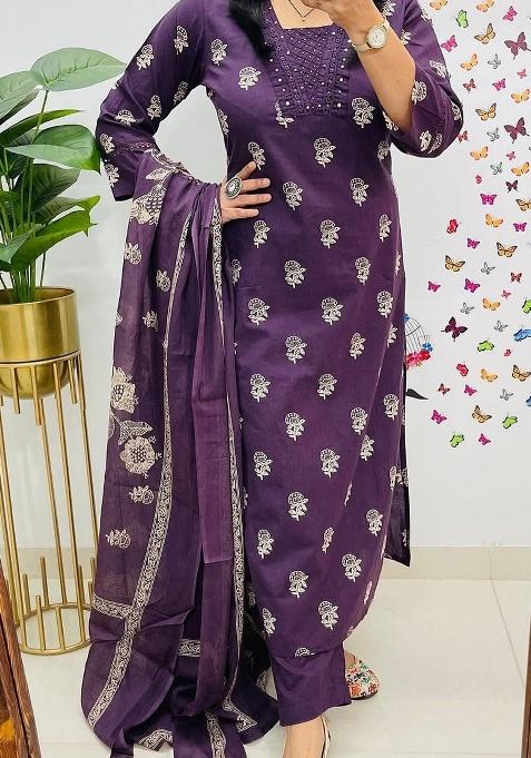 Purple Printed Cotton Kurta Set