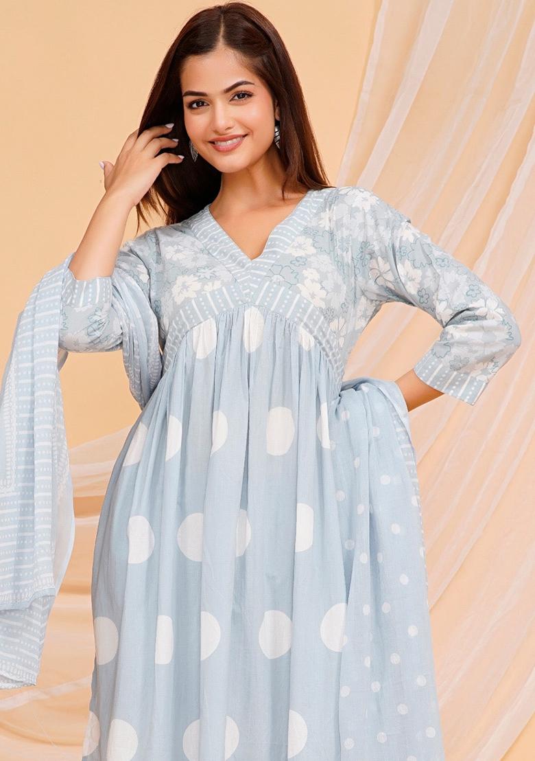 Blue Printed Cotton Kurta Set - Indya