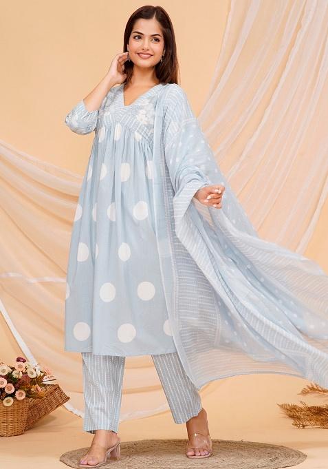 Blue Printed Cotton Kurta Set