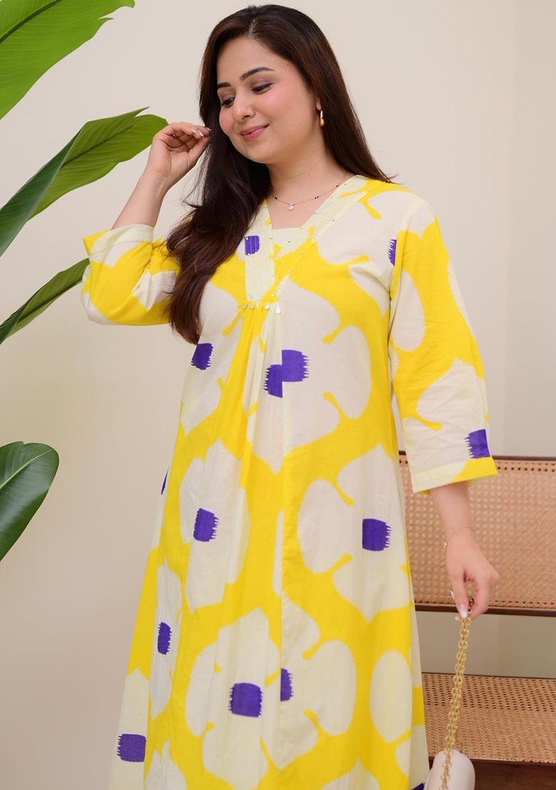 Yellow Printed Cotton Kurta Set - Indya