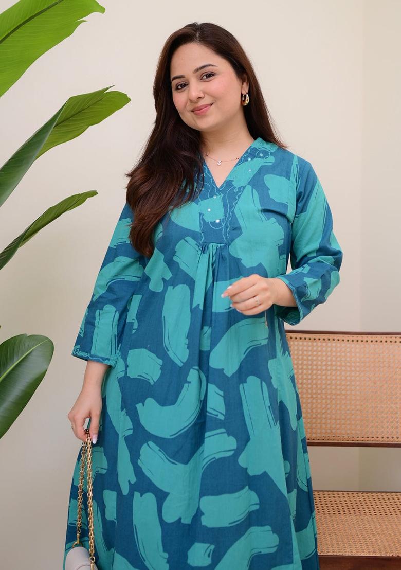 Blue Printed Cotton Kurta Set - Indya
