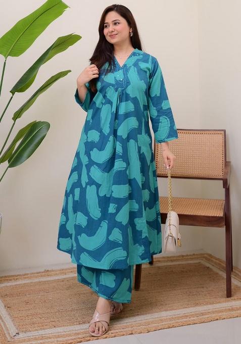 Blue Printed Cotton Kurta Set