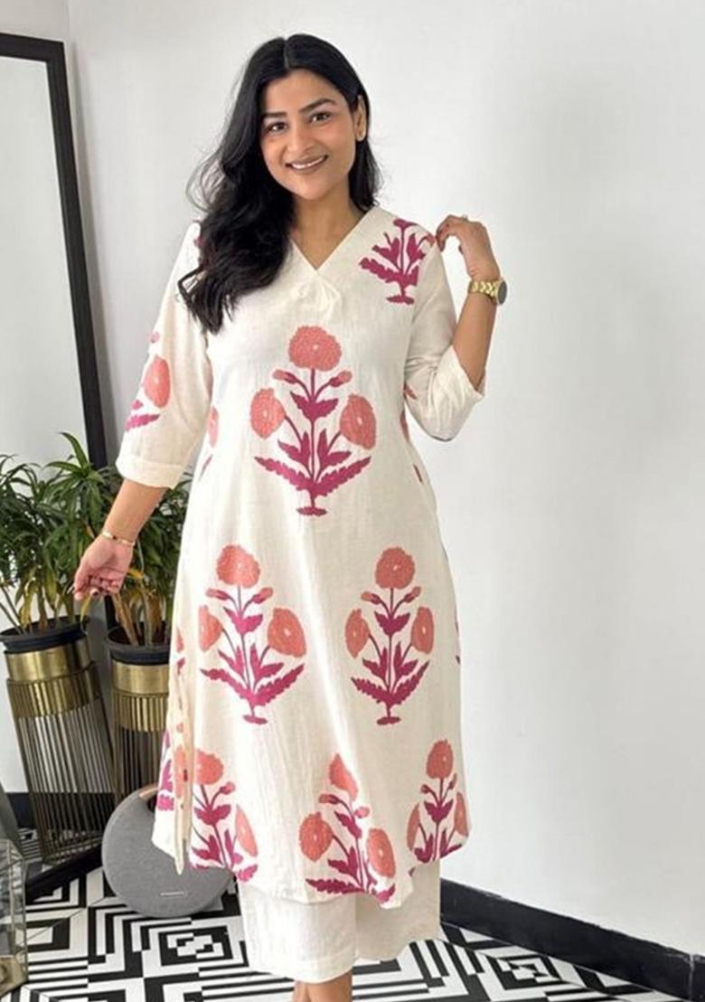 Pink Printed Cotton Kurta Set - Indya