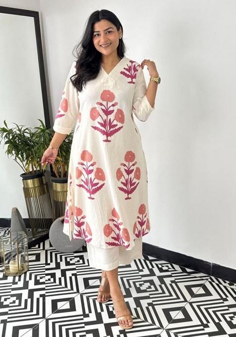 Pink Printed Cotton Kurta Set
