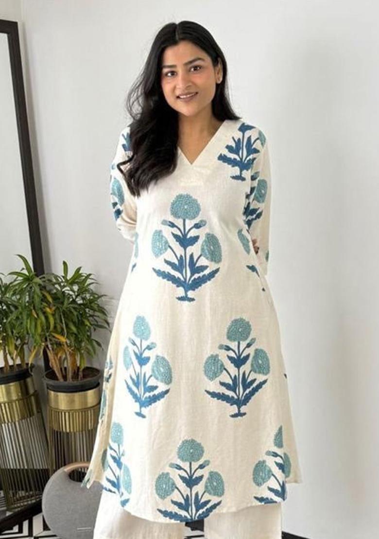 Blue Printed Cotton Kurta Set - Indya