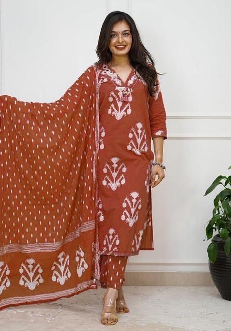 Brown Printed Cotton Kurta Set