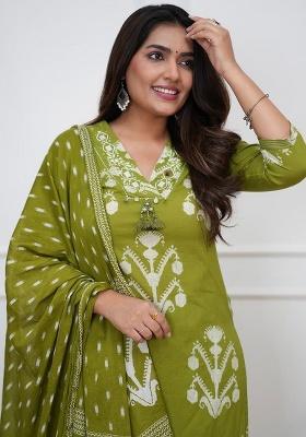 Green Printed Cotton Kurta Set