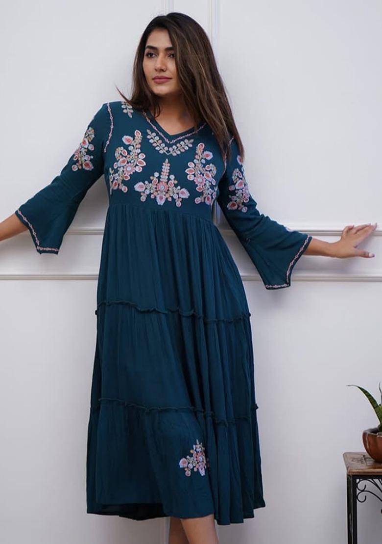 Blue Printed Cotton Kurta Set - Indya
