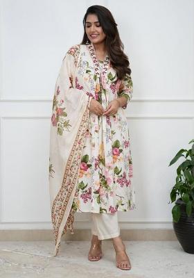 White Printed Cotton Kurta Set