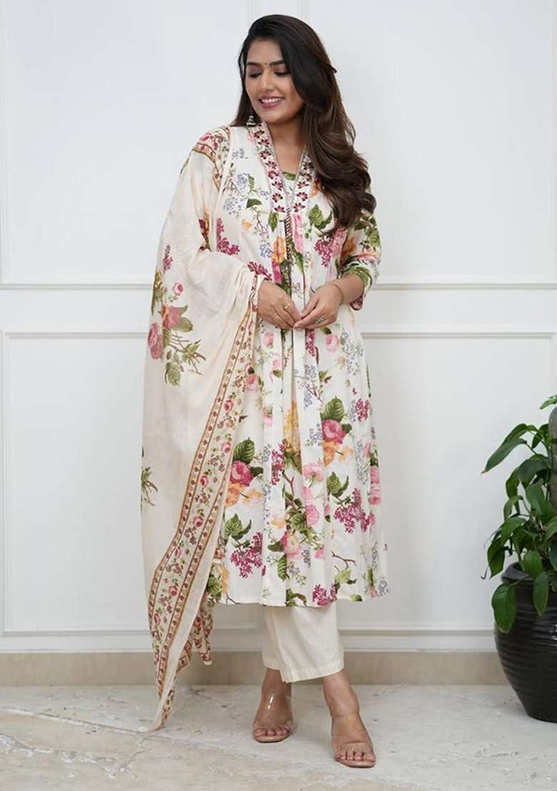 White Embroidered Cotton A Line Kurta Set - Indya