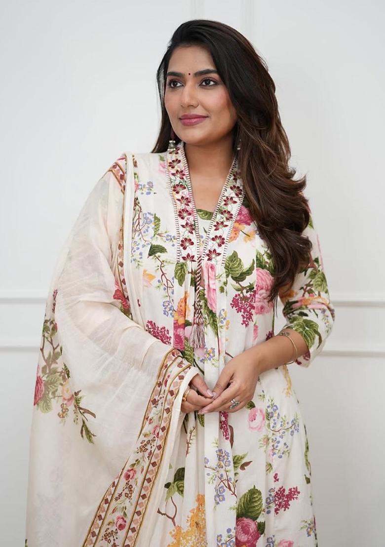 White Printed Cotton Kurta Set - Indya