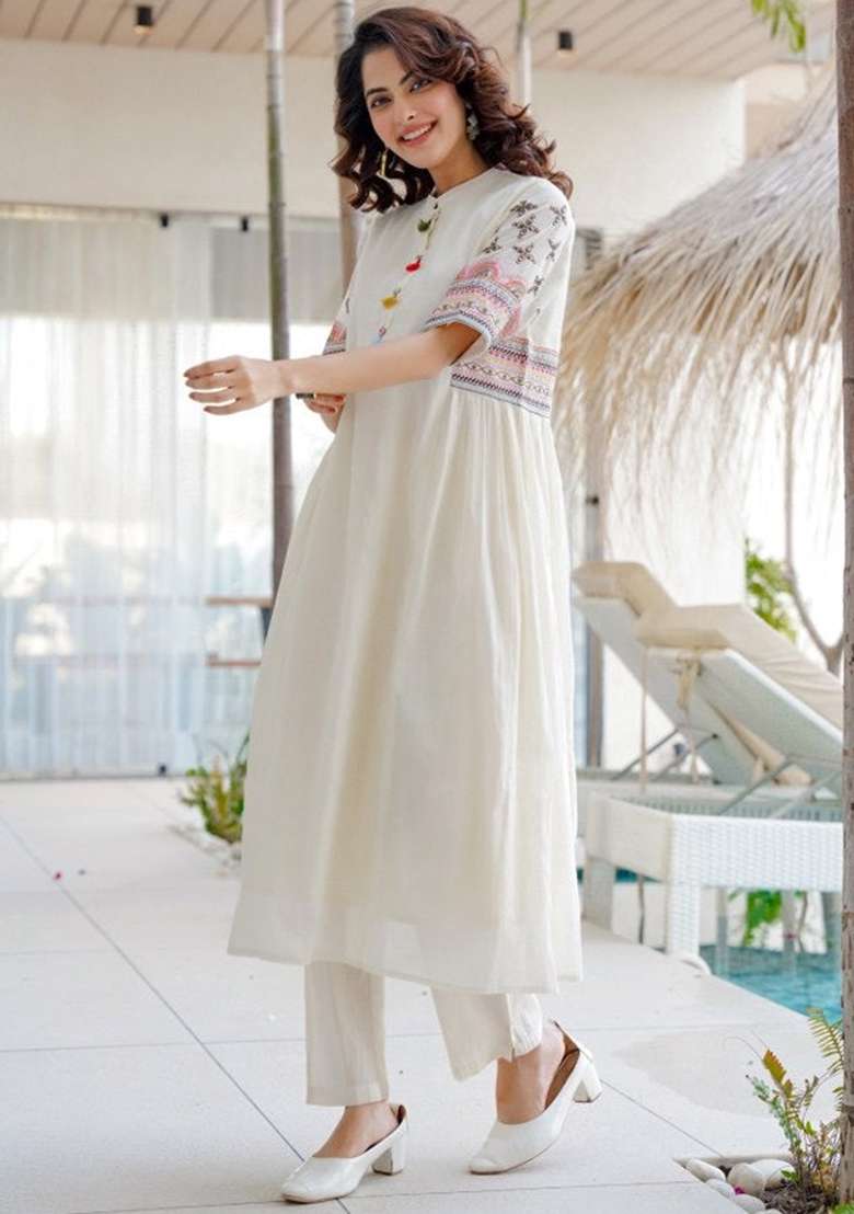White Embroidered Cotton A Line Kurta Set - Indya