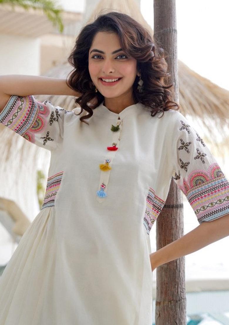 White Printed Cotton Kurta Set - Indya