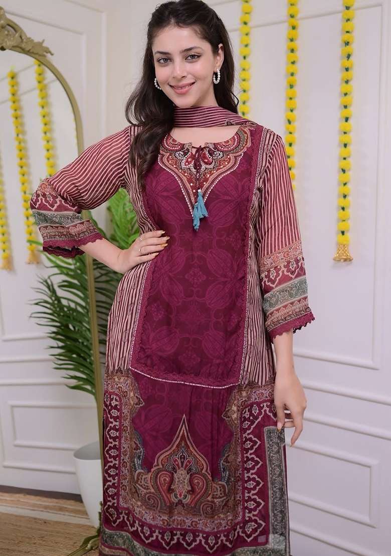 Red Printed Cotton Sharara Set - Indya