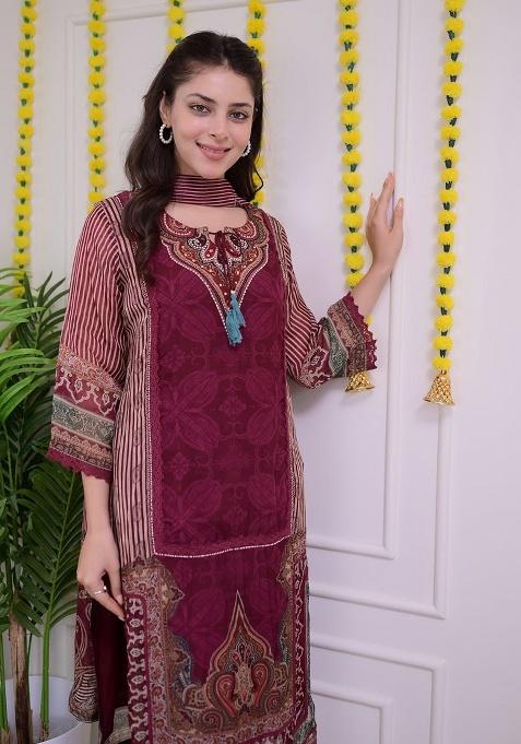 Red Printed Cotton Kurta Set