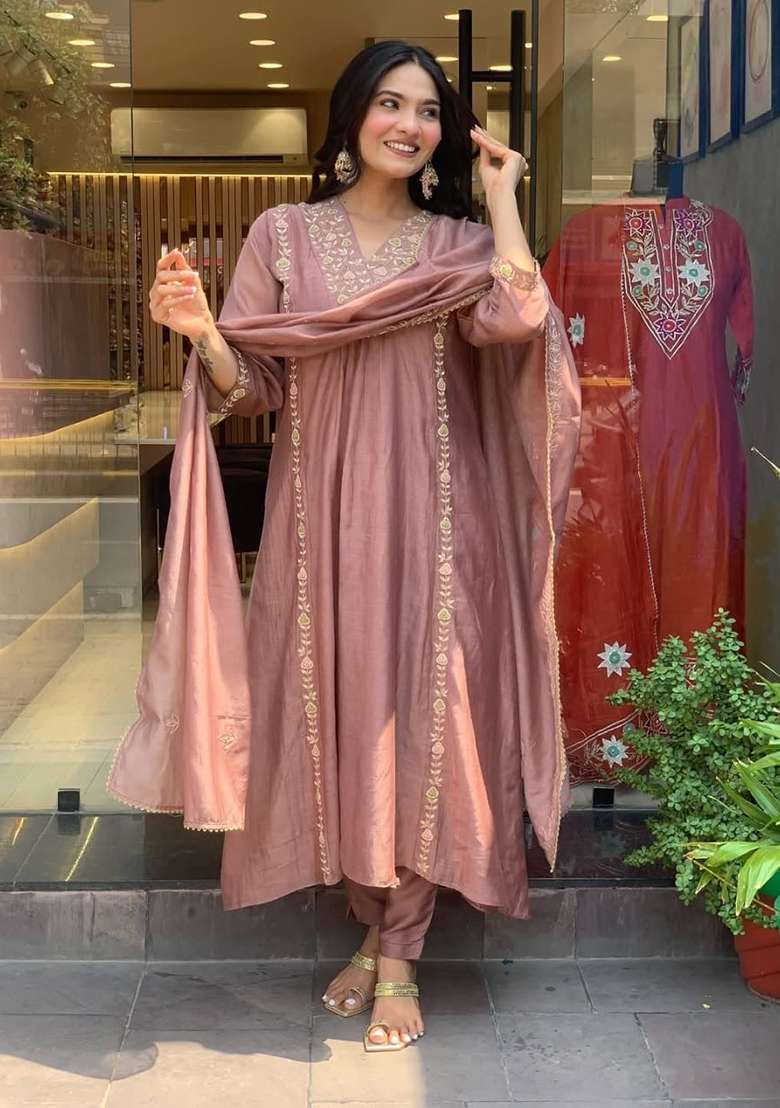 Purple Embroidered Cotton A Line Kurta Set - Indya