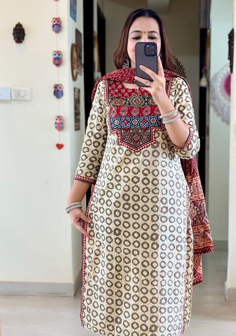 White Printed Cotton Kurta Set - Indya