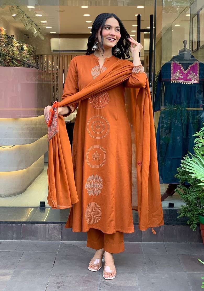 Orange Embroidered Cotton Straight Kurta Set - Indya