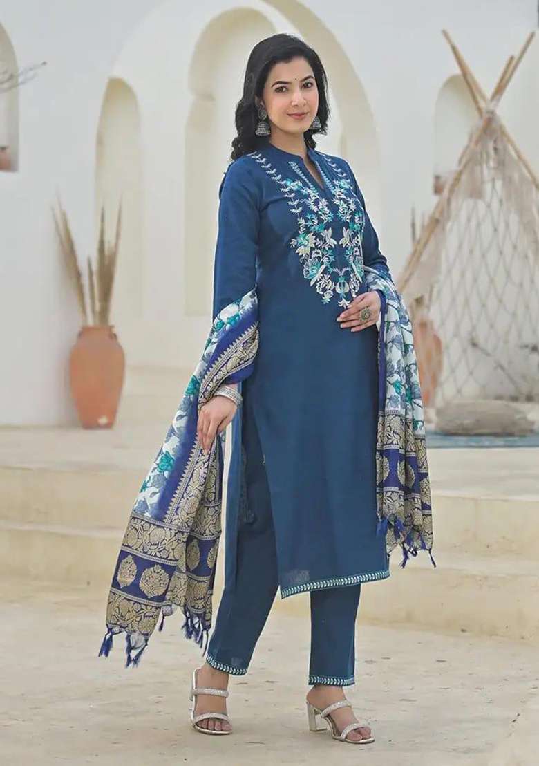 Blue Embroidered Cotton Straight Kurta Set - Indya