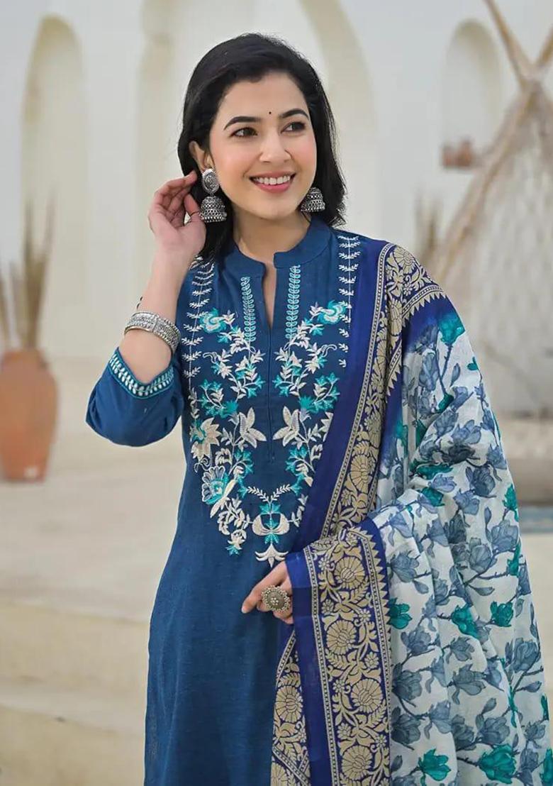 Blue Printed Cotton Kurta Set - Indya