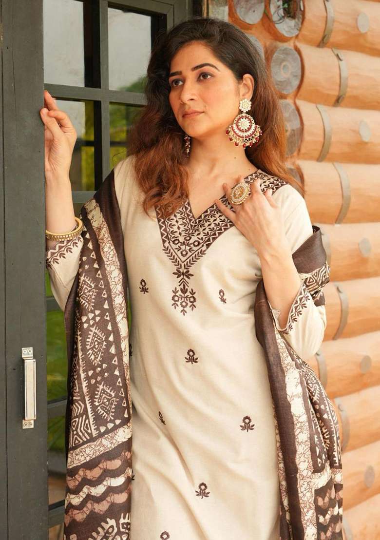 Off-White Embroidered Cotton Straight Kurta Set - Indya