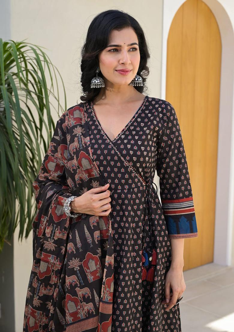 Black Printed Cotton Kurta Set - Indya