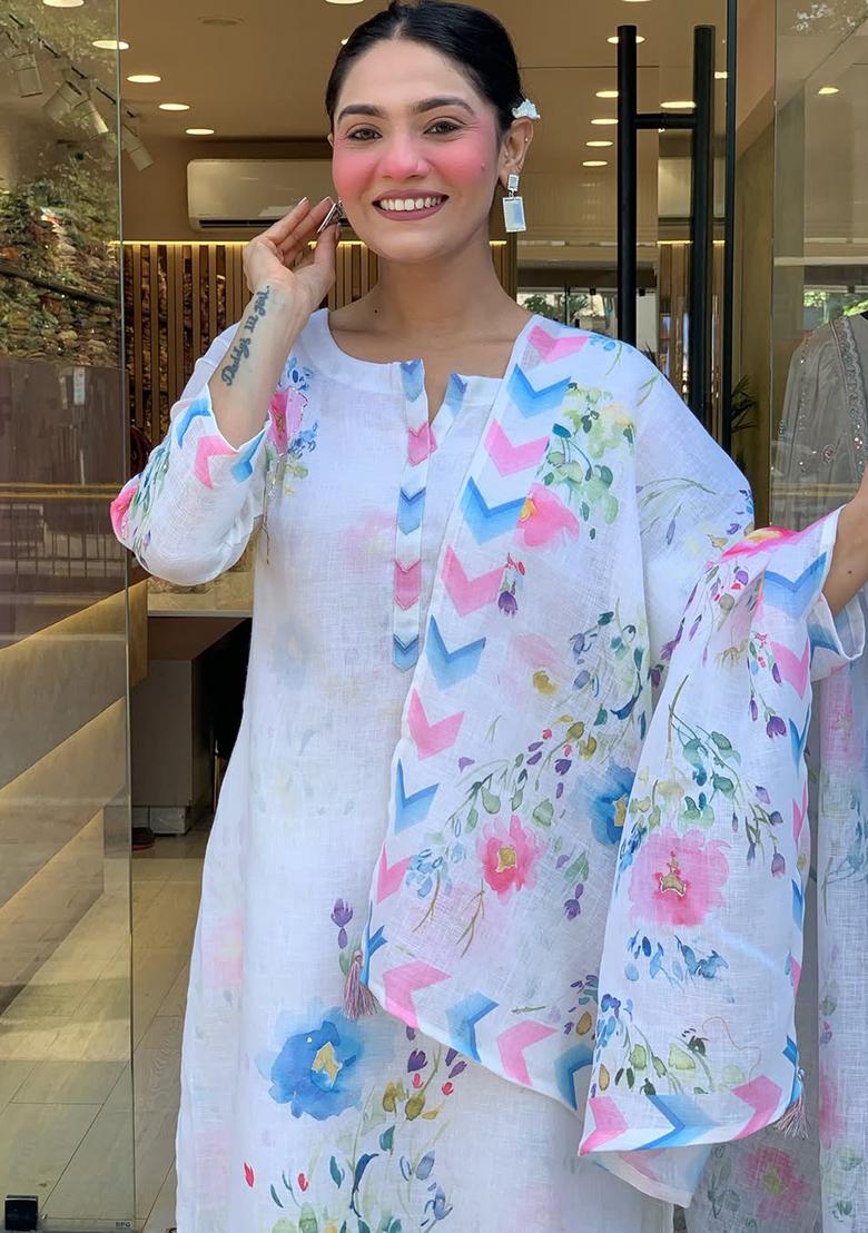 Light-White Printed Cotton Kurta Set - Indya