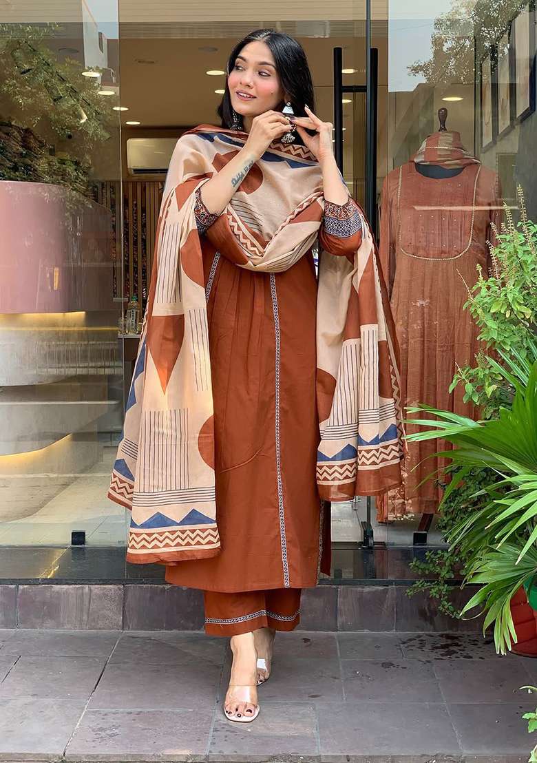 Brown Printed Cotton A Line Kurta Set - Indya