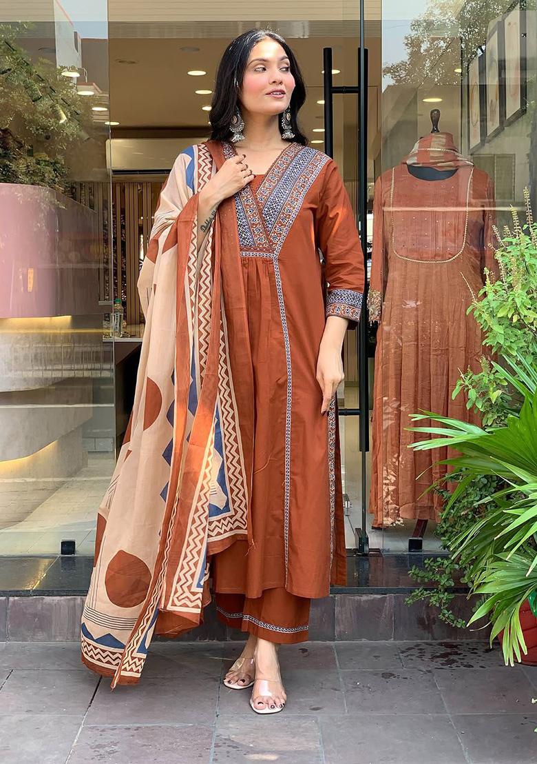 Brown Printed Cotton Kurta Set - Indya