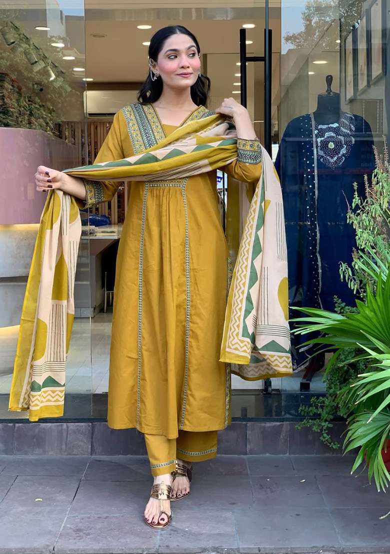 Light-Yellow Embroidered Cotton A Line Kurta Set - Indya