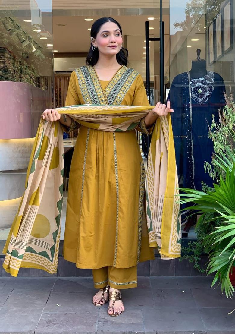 Light-Yellow Printed Cotton Kurta Set - Indya