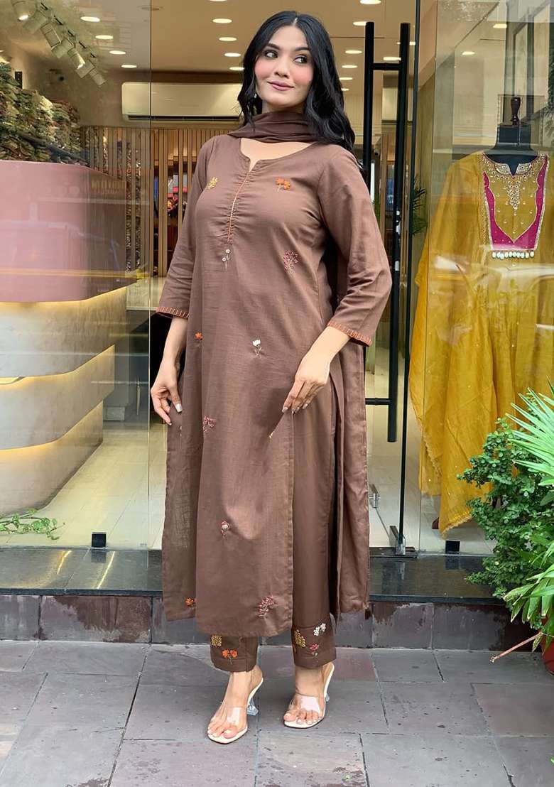 Brown Embroidered Cotton Straight Kurta Set - Indya