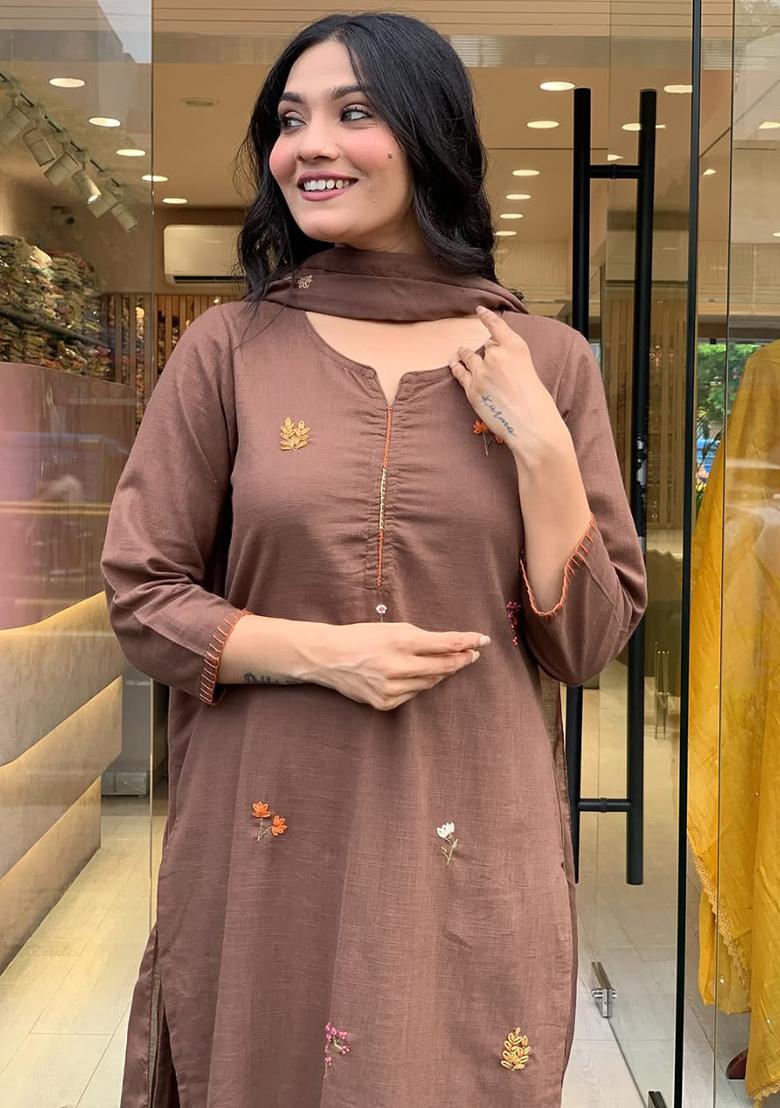 Brown Printed Cotton Kurta Set - Indya