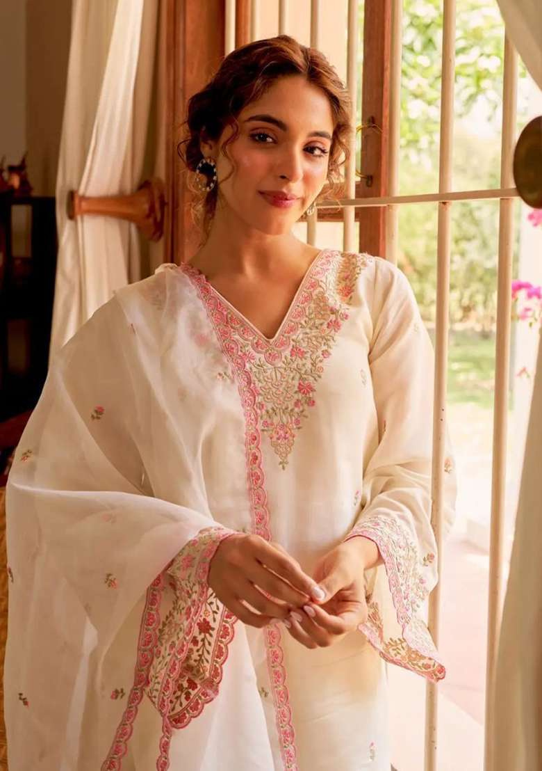 Light-White Embroidered Cotton Straight Kurta Set - Indya