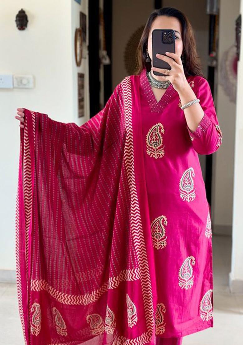 Red Printed Cotton Kurta Set - Indya