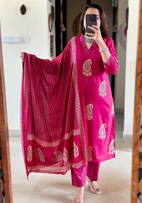 Red Printed Cotton Kurta Set