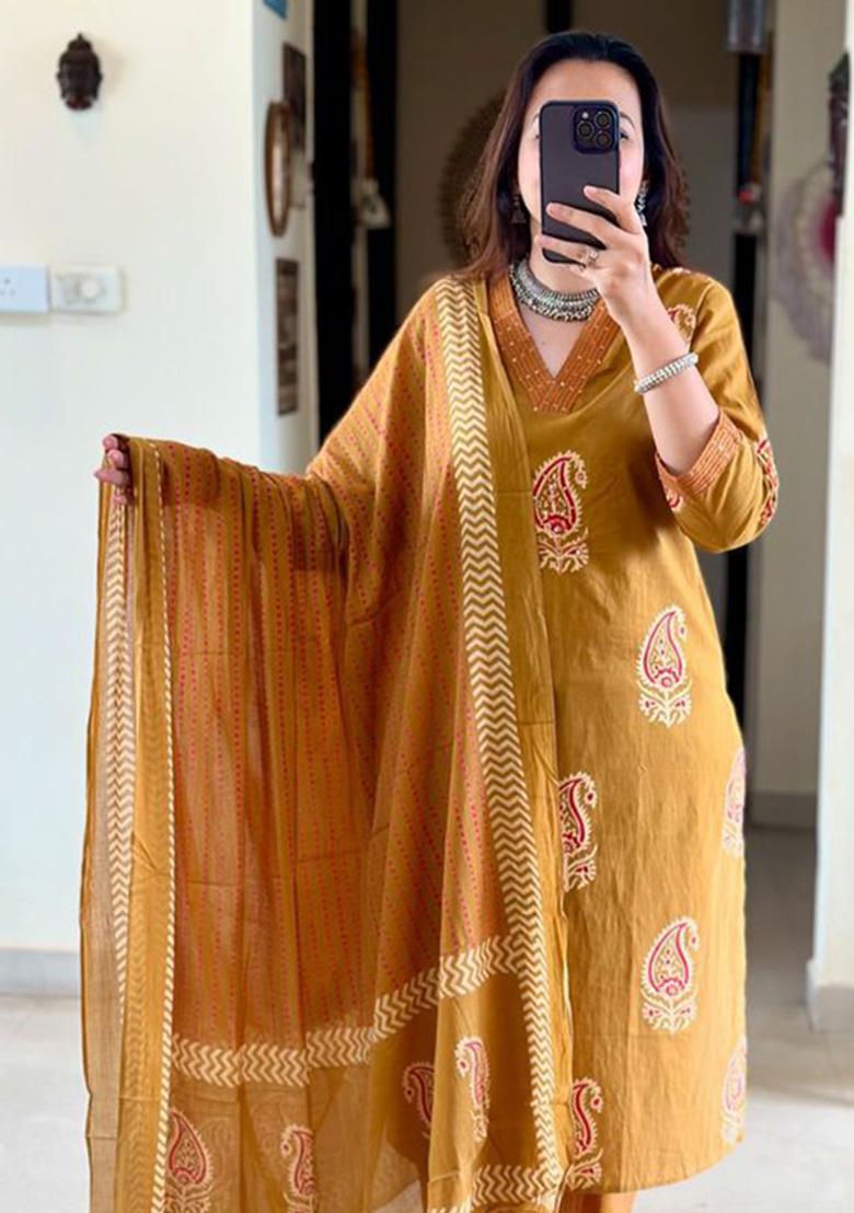 Light-Yellow Printed Cotton Kurta Set - Indya