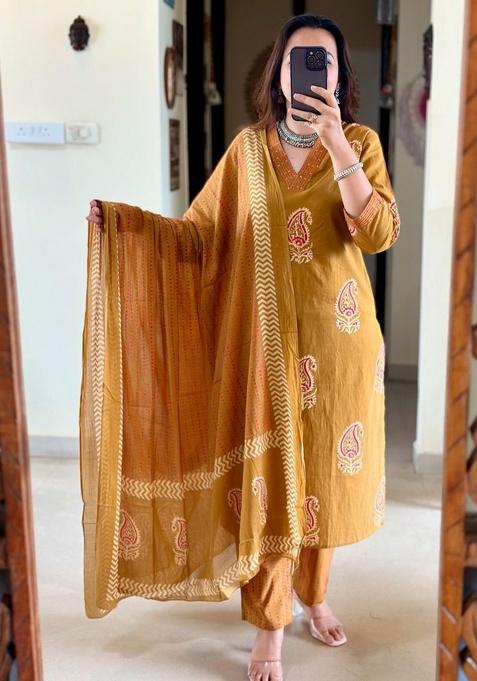 Light-Yellow Printed Cotton Kurta Set