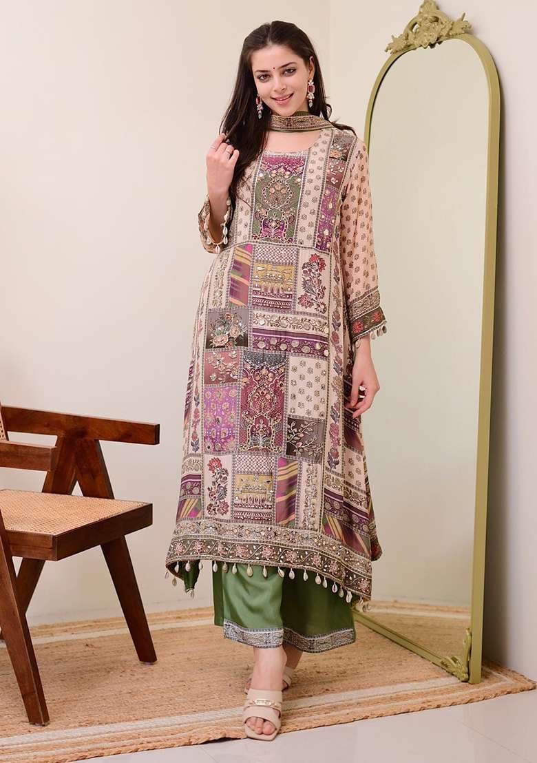 Multi Color Printed Cotton A Line Kurta Set - Indya