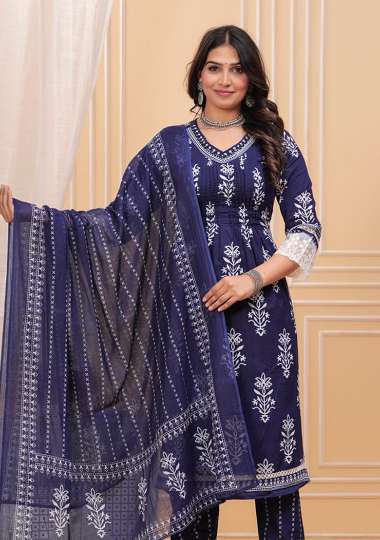 Blue Printed Cotton Kurta Set - Indya