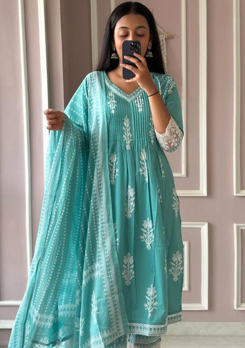 Green Printed Cotton Kurta Set - Indya