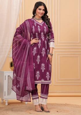 Maroon Printed Cotton Kurta Set