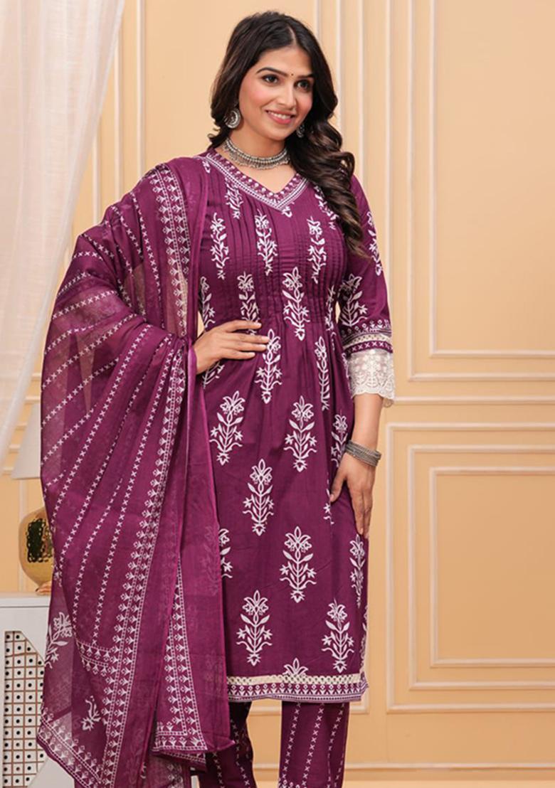 Maroon Printed Cotton Kurta Set - Indya