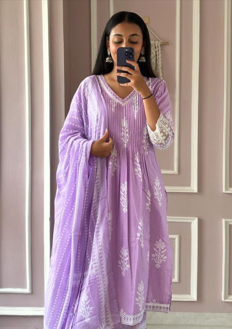Purple Printed Cotton Kurta Set - Indya