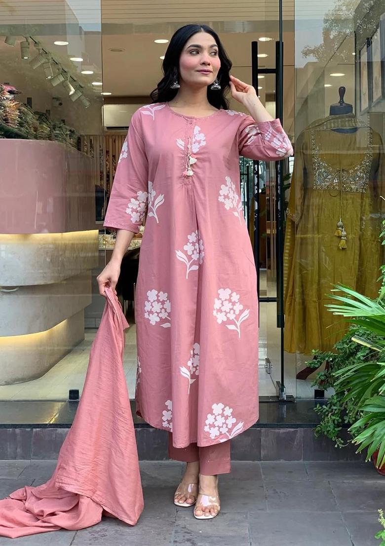 Pink Printed Cotton Kurta Set - Indya