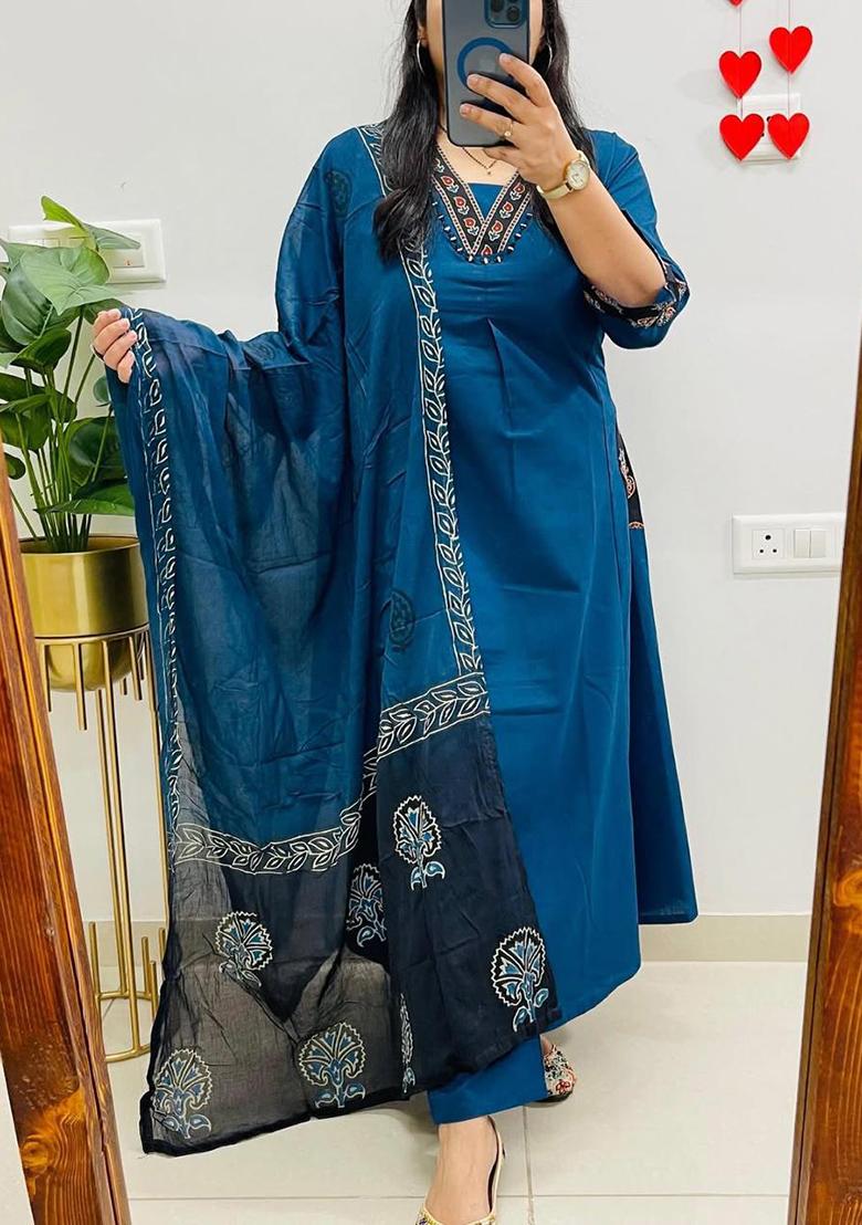 Blue Printed Cotton Kurta Set - Indya